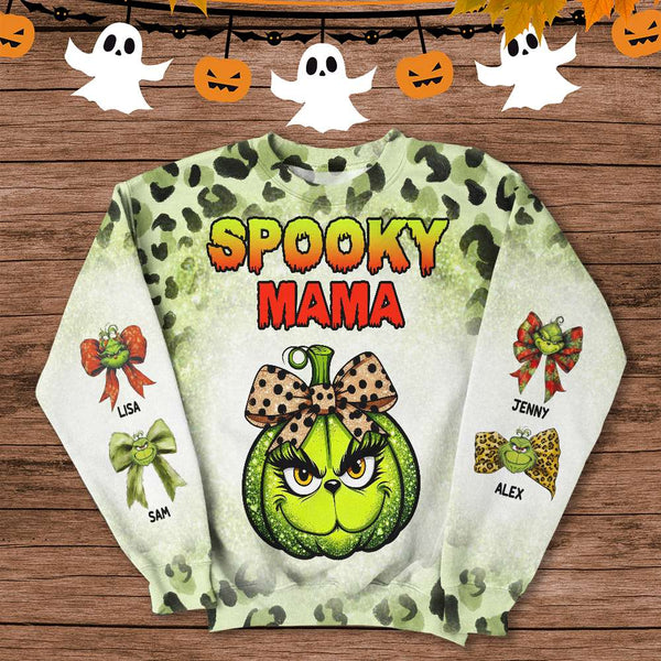 Personalized Gifts For Mama Sweatshirt Halloween Leopard Green Pumpkin