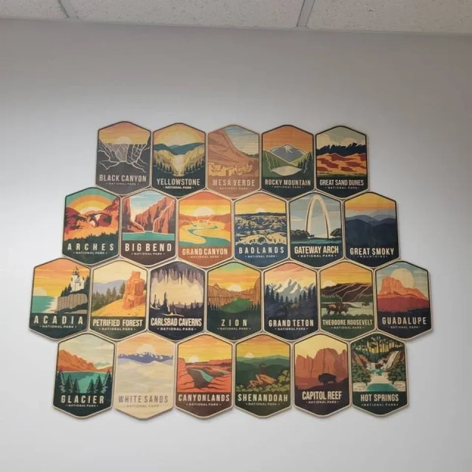 Any National Park, Wood Sign, Retro HONEY COMB Designs; National Park Sign for all 63 parks, Buy More Save More