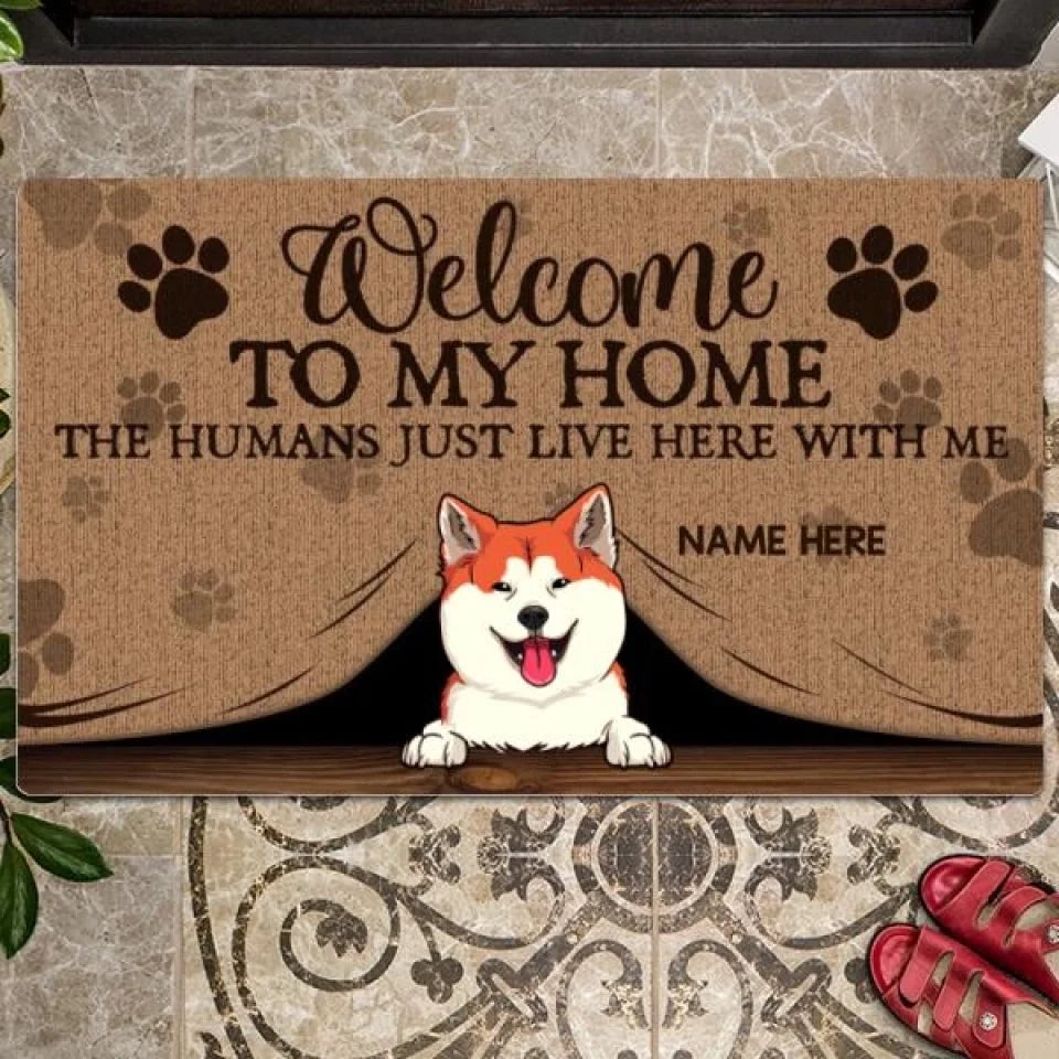 Welcome To Our Home Front Door Mat, Gifts For Pet Lovers, Dog & Cat Peeking From Curtain Custom Doormat