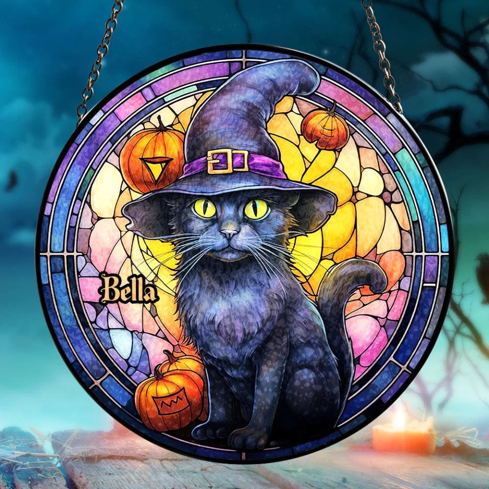 Personalized Black Cat Halloween Ornament - Black Cat with Witch Hat and Pumpkin Design