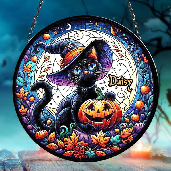 Personalized Black Cat Halloween Ornament - Black Cat with Witch Hat and Pumpkin Design