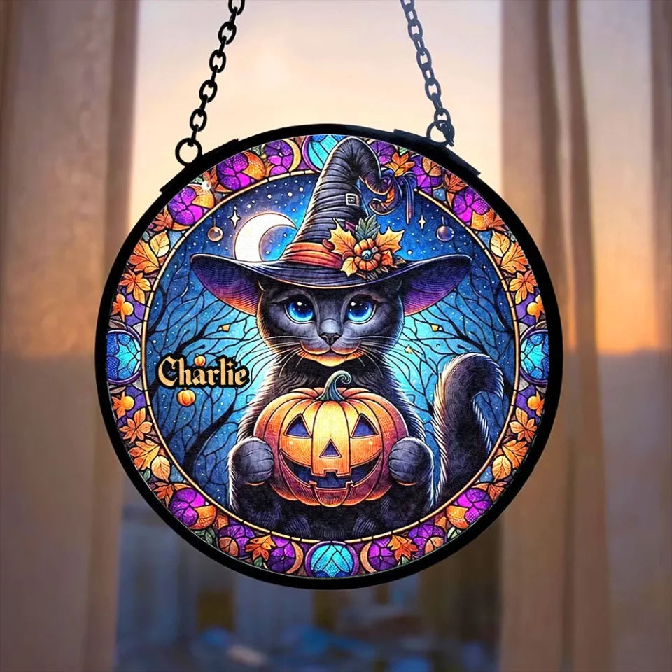 Personalized Black Cat Halloween Ornament - Black Cat with Witch Hat and Pumpkin Design