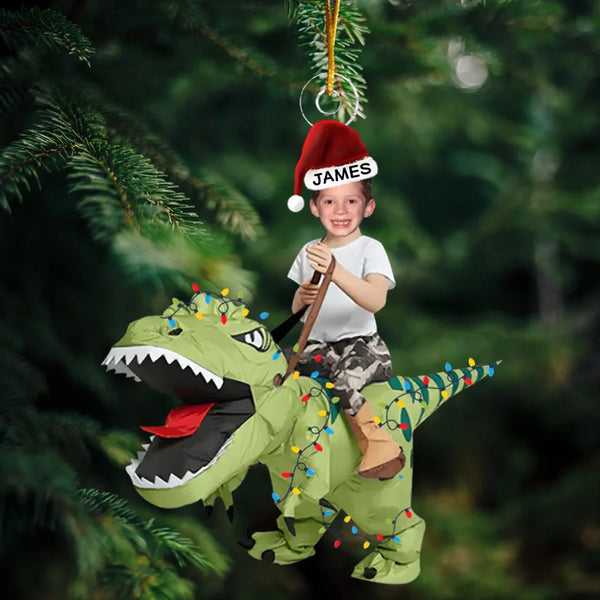 Cute Kid Rides The Dinosaur Kid Photo Acrylic Ornaments, Christmas Gift, Custom Photo Ornament, Funny Ornament