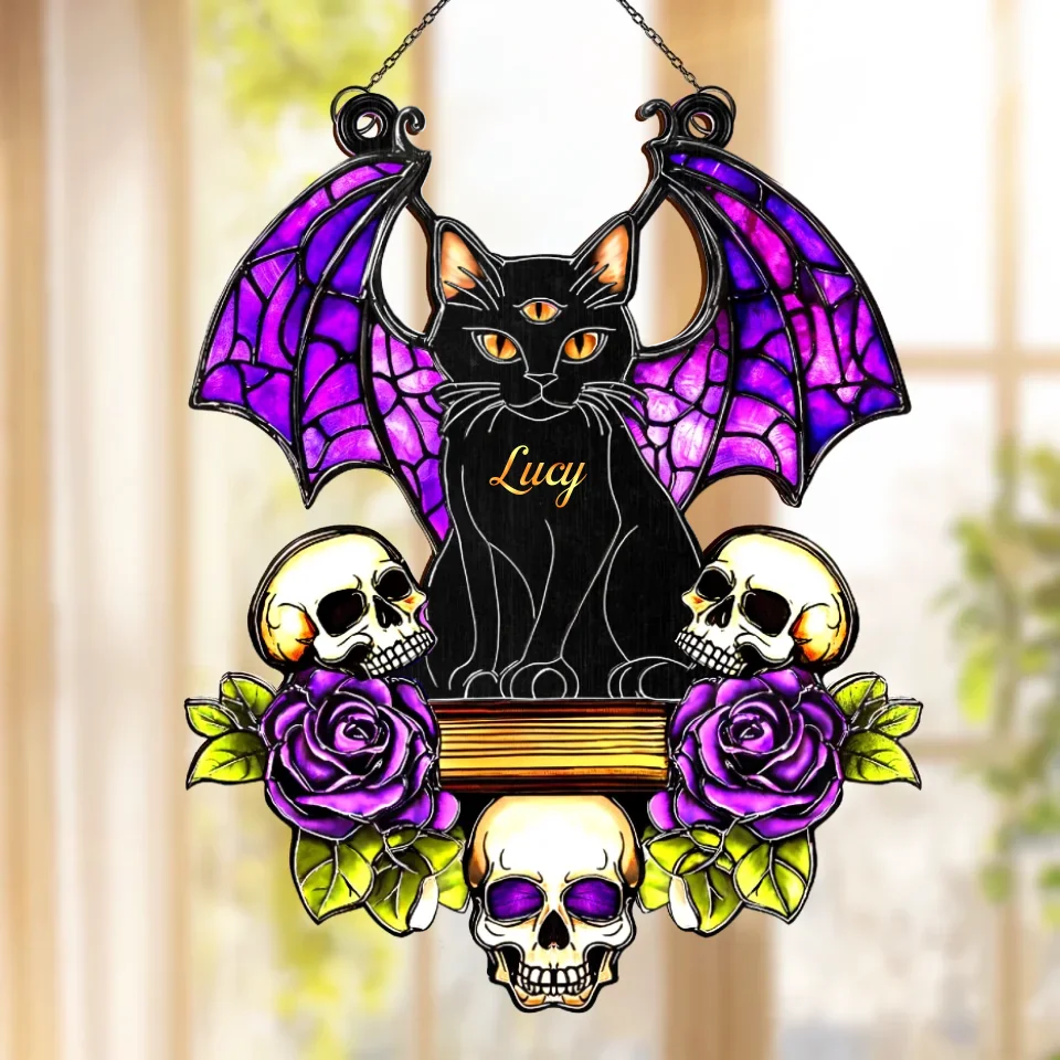 Custom Personalized Cat Hanging Suncatcher Ornament - Gift Idea For Halloween/ Cat Lover - Custom Cat's Name