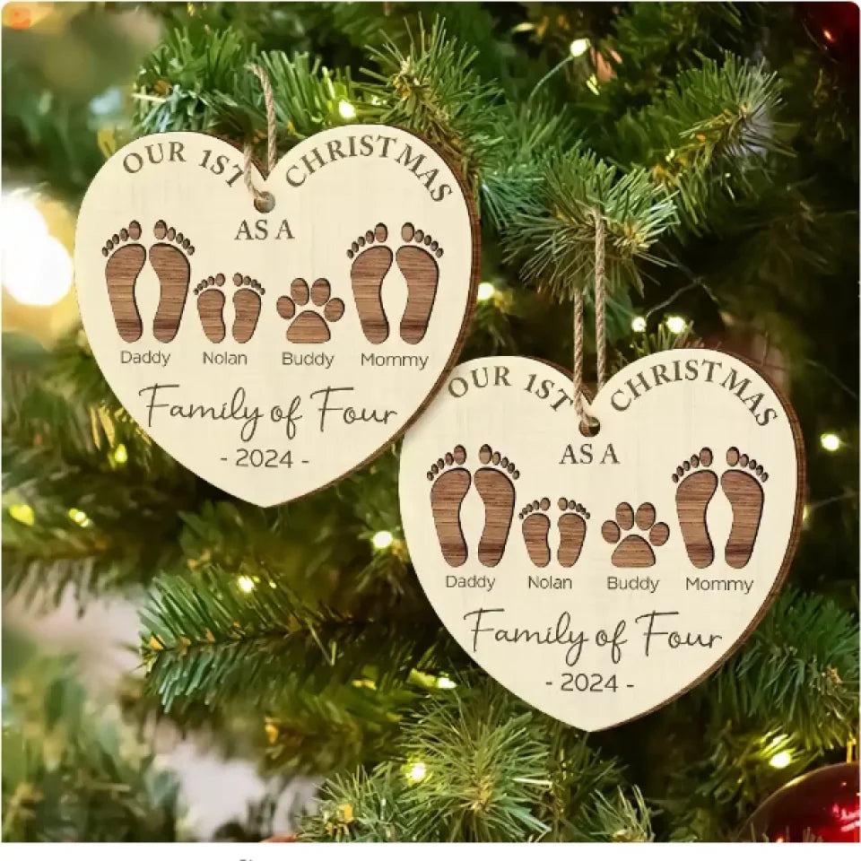 First Christmas As A Family Of Four Footprints - Personalized Custom Shaped Wooden Ornament