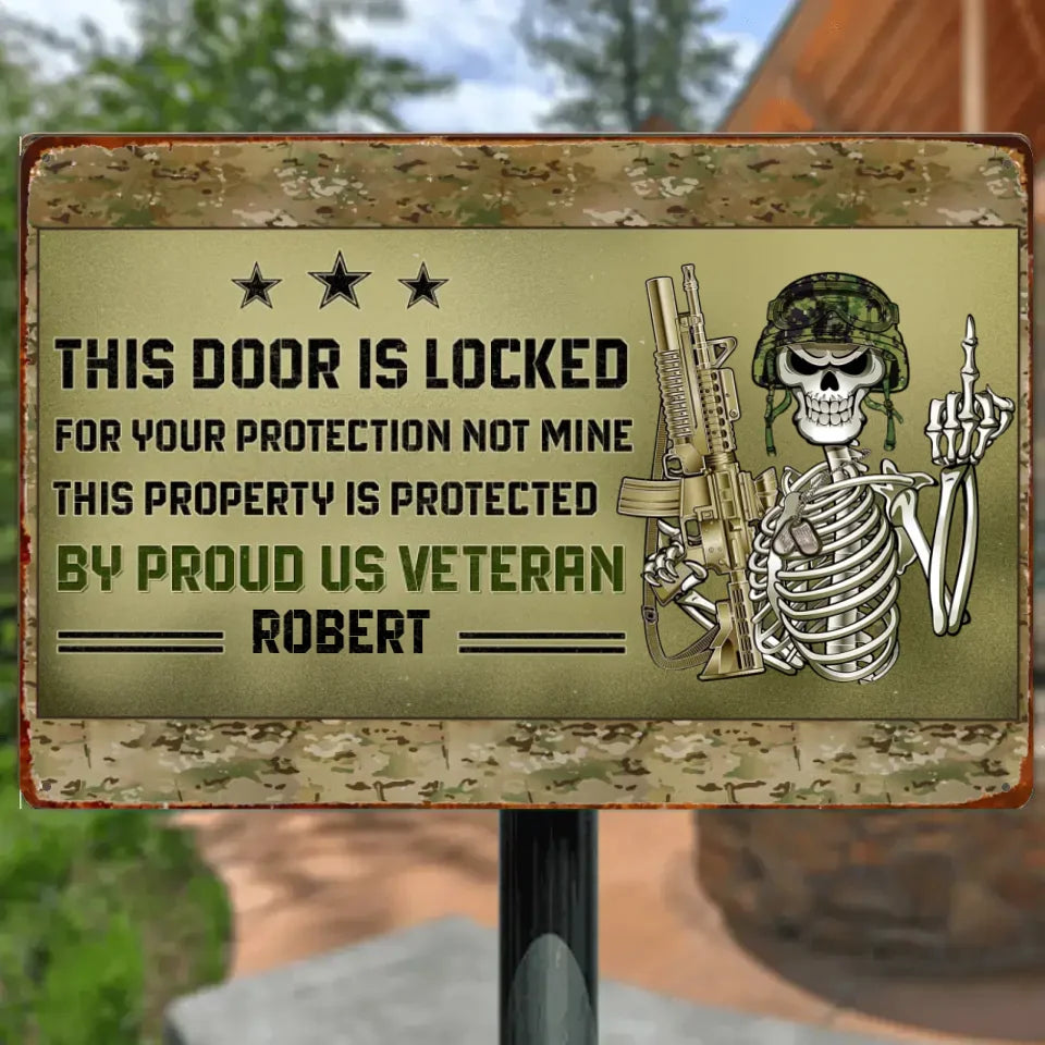 Custom Personalized Veteran Skull Metal Sign - Gift Idea For Veterans - This Door Is Locked