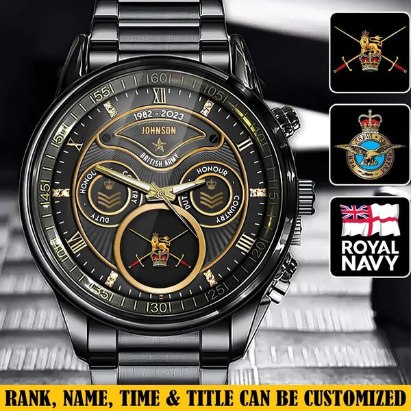 Personalized British Veteran Military Logo & Rank Gold Custom Name & Time Watch