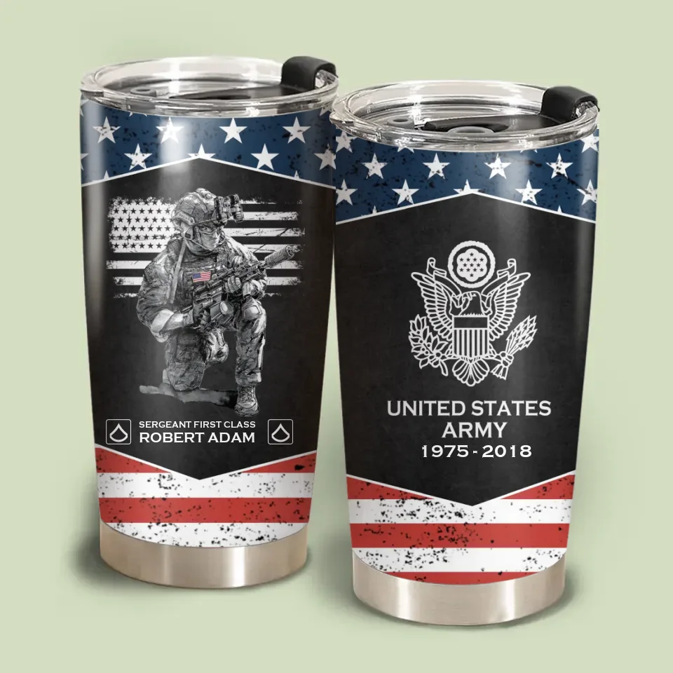 Personalized United States Army Veteran US Flag Custom Name, Rank & Time Tumbler Printed