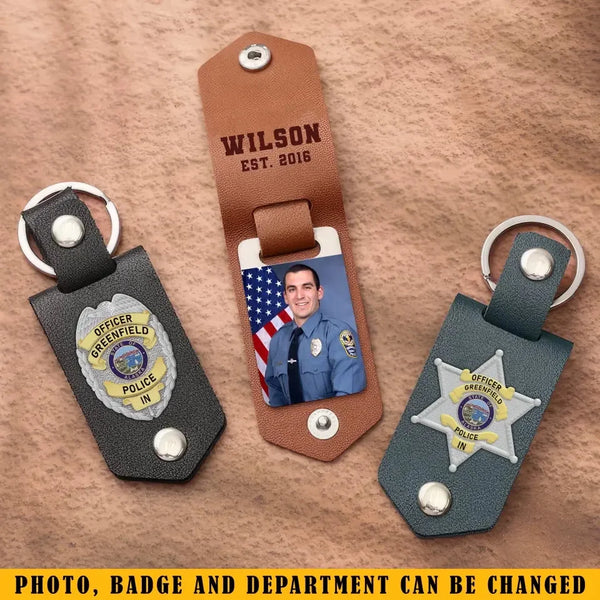 Personalized Upload Your Photo Police Officer Flag Custom Name & Time Leather Keychain Printed