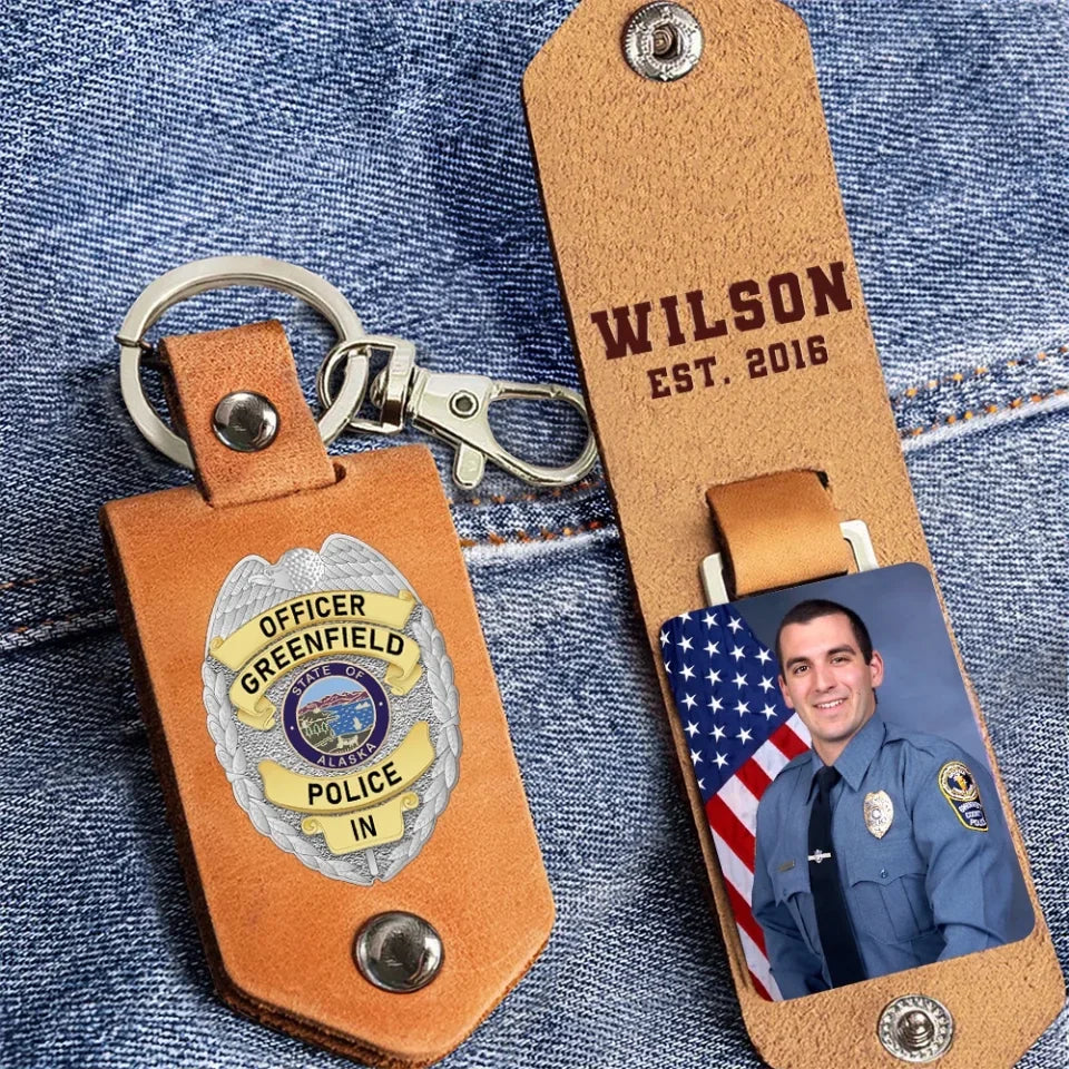 Personalized Upload Your Photo Police Officer Flag Custom Name & Time Leather Keychain Printed