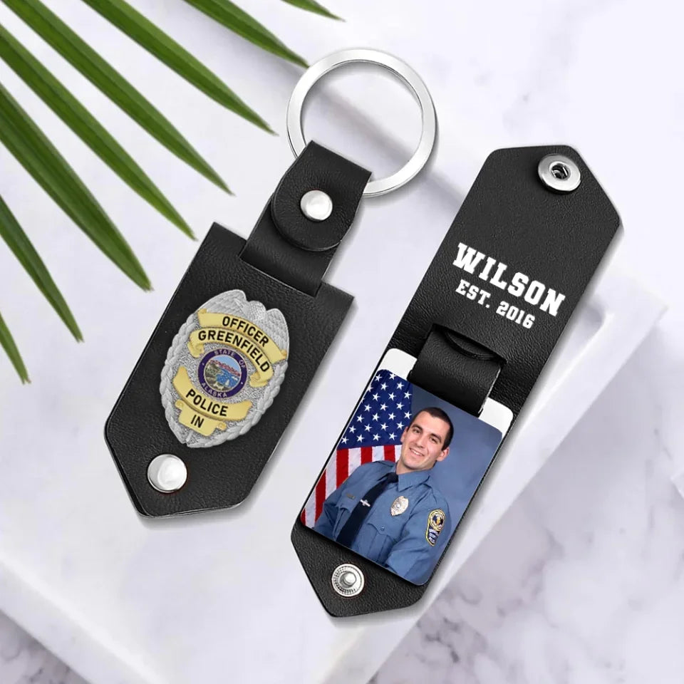 Personalized Upload Your Photo Police Officer Flag Custom Name & Time Leather Keychain Printed