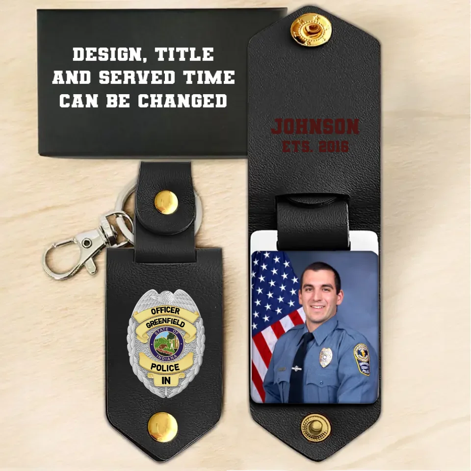 Personalized Upload Your Photo Police Officer Flag Custom Name & Time Leather Keychain Printed