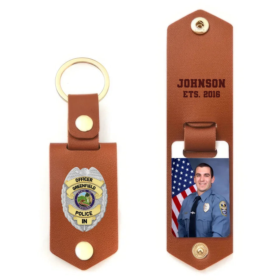 Personalized Upload Your Photo Police Officer Flag Custom Name & Time Leather Keychain Printed