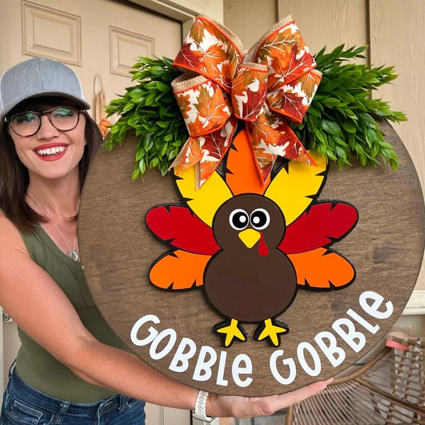 Personalized Turkey Double Layer Wood Door Sign - Gobble Gobble: Thanksgiving Turkey Wreath & Door Decor