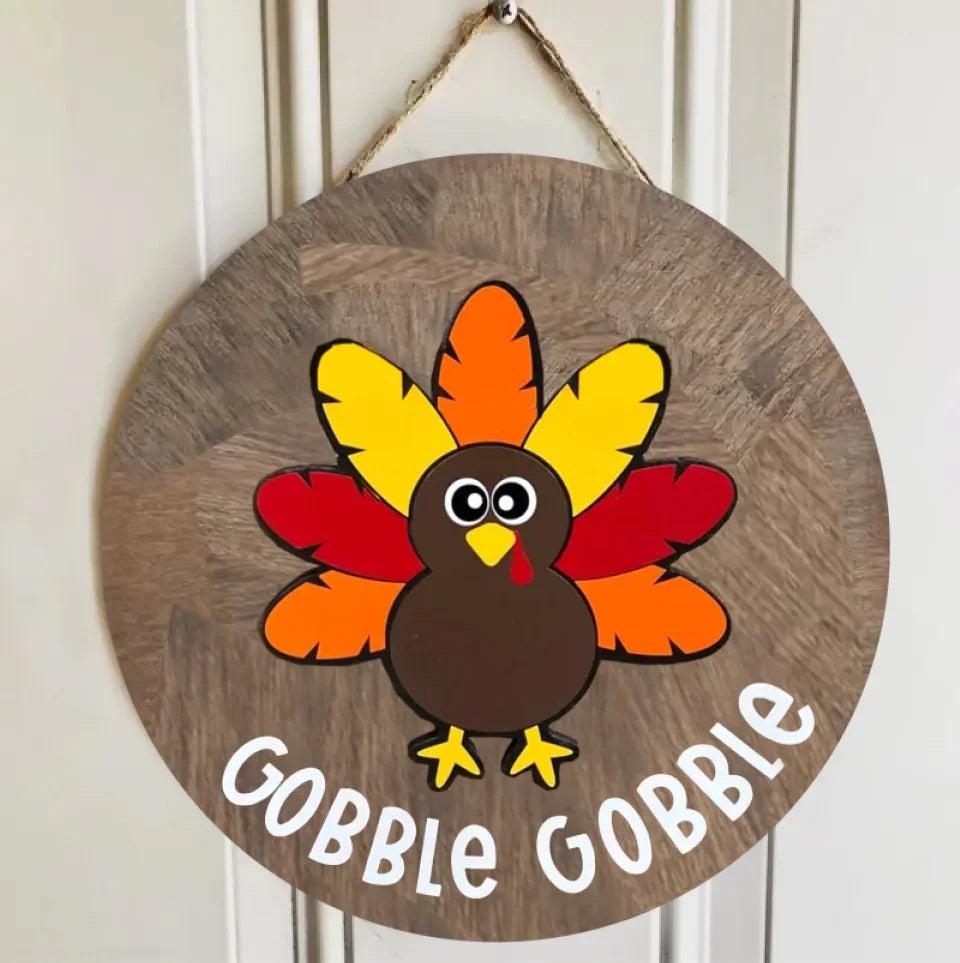 Personalized Turkey Double Layer Wood Door Sign - Gobble Gobble: Thanksgiving Turkey Wreath & Door Decor