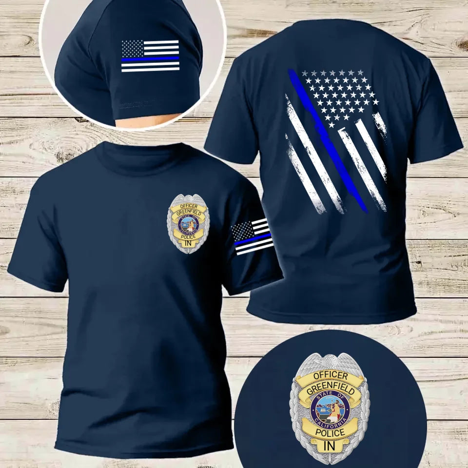 Personalized US Police Badge US Flag Blue Line T-shirt Printed