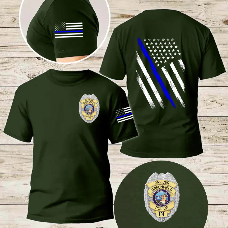 Personalized US Police Badge US Flag Blue Line T-shirt Printed