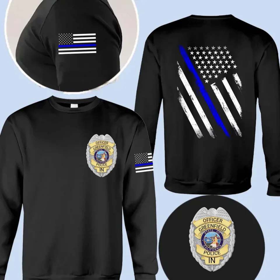 Personalized US Police Badge US Flag Blue Line T-shirt Printed