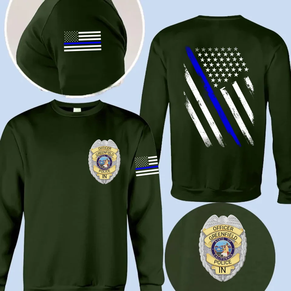 Personalized US Police Badge US Flag Blue Line T-shirt Printed