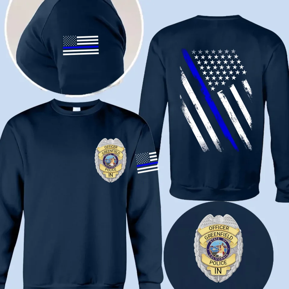 Personalized US Police Badge US Flag Blue Line T-shirt Printed