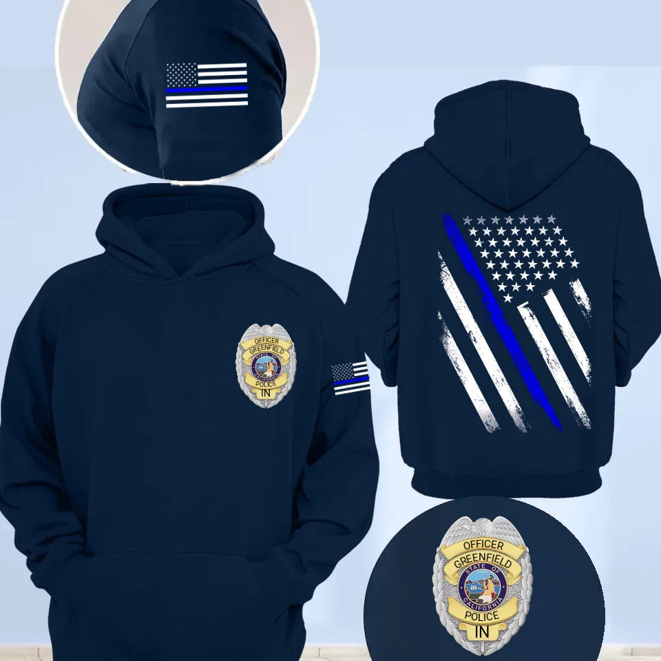 Personalized US Police Badge US Flag Blue Line T-shirt Printed