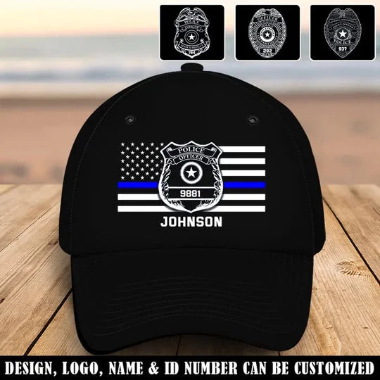 Personalized US Police Badge US Police Flag Custom Name & ID Black Cap 2D Printed