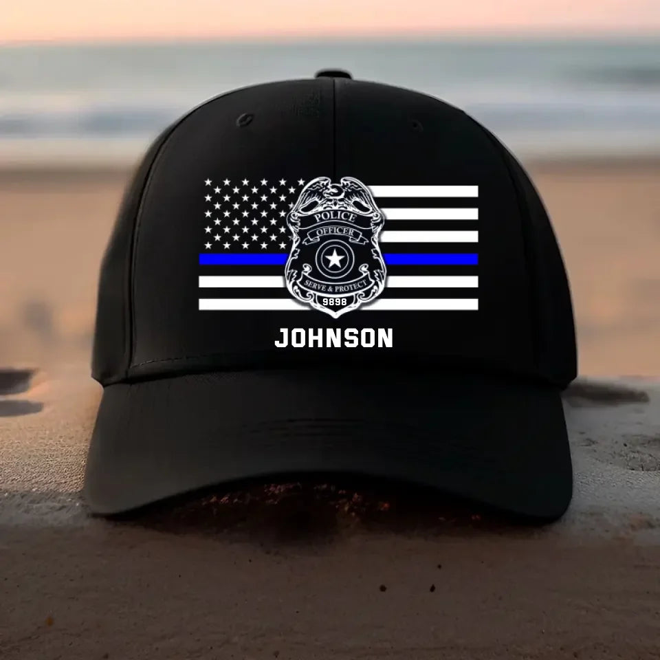 Personalized US Police Badge US Police Flag Custom Name & ID Black Cap 2D Printed