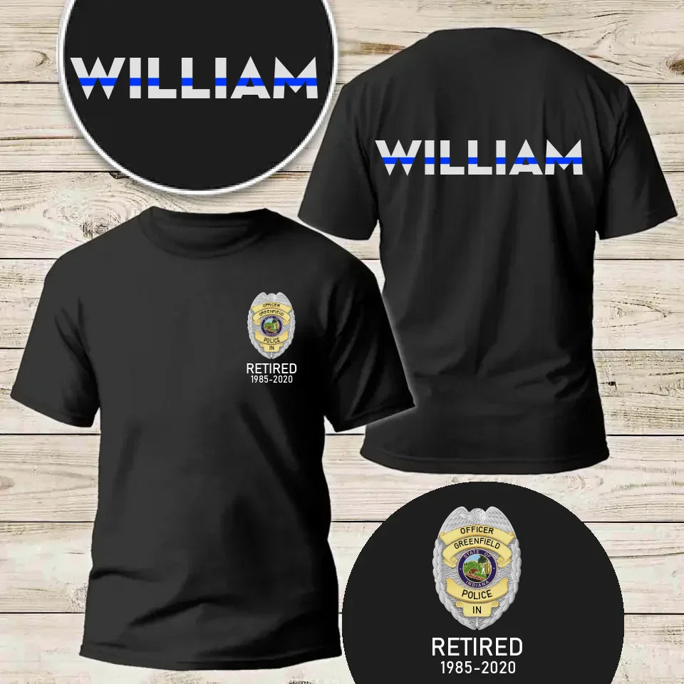 Personalized US Police Badge & Service Time Custom Name Blue Line Retired Police Officer T-shirt Printed