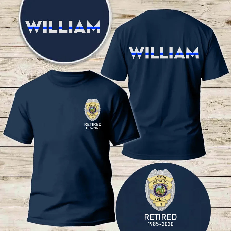 Personalized US Police Badge & Service Time Custom Name Blue Line Retired Police Officer T-shirt Printed
