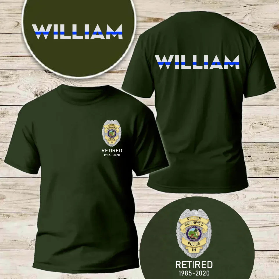 Personalized US Police Badge & Service Time Custom Name Blue Line Retired Police Officer T-shirt Printed