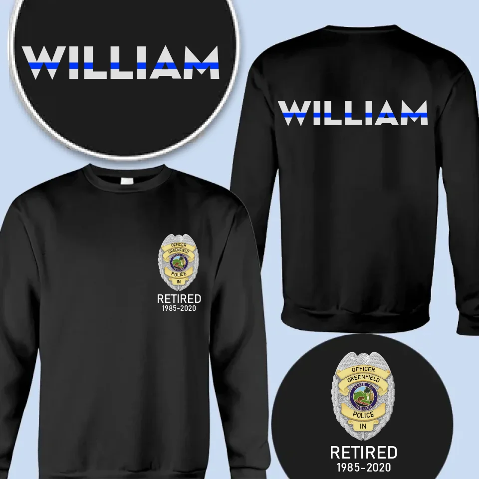 Personalized US Police Badge & Service Time Custom Name Blue Line Retired Police Officer T-shirt Printed