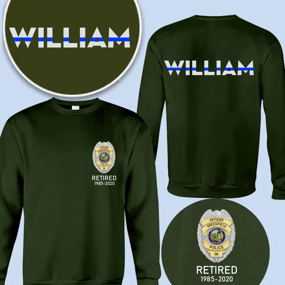 Personalized US Police Badge & Service Time Custom Name Blue Line Retired Police Officer T-shirt Printed
