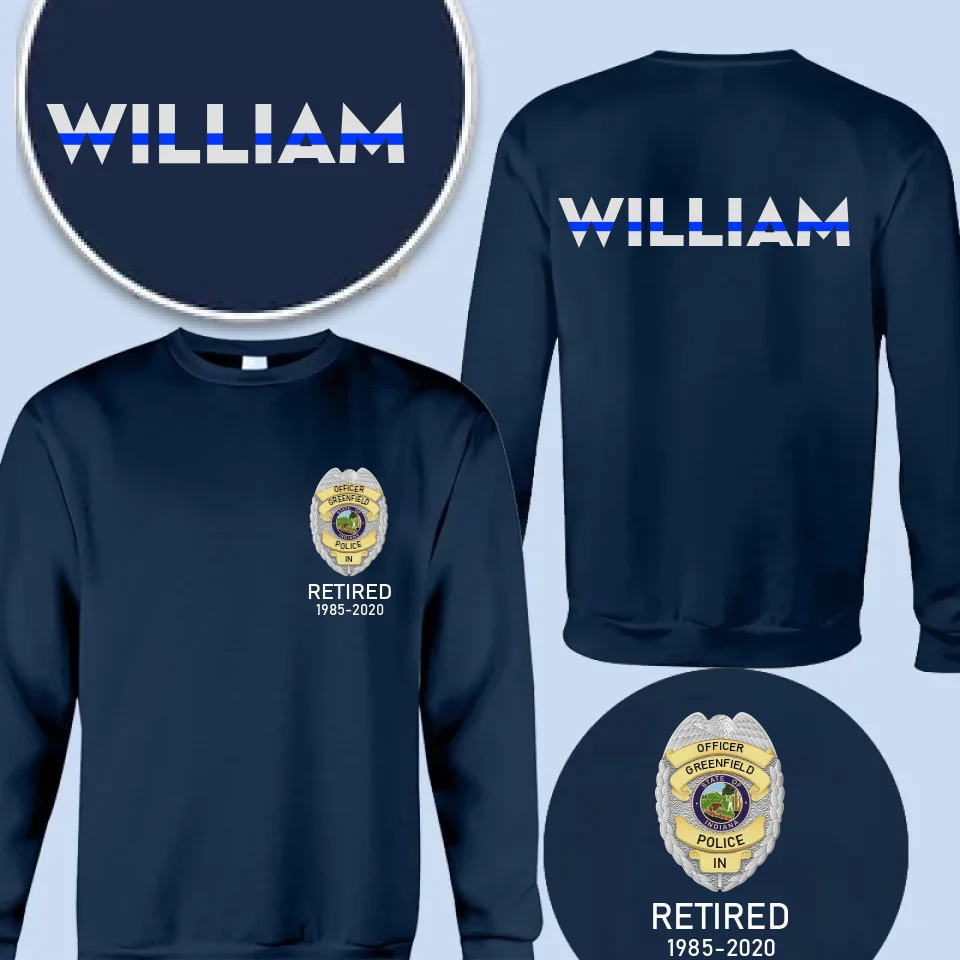 Personalized US Police Badge & Service Time Custom Name Blue Line Retired Police Officer T-shirt Printed