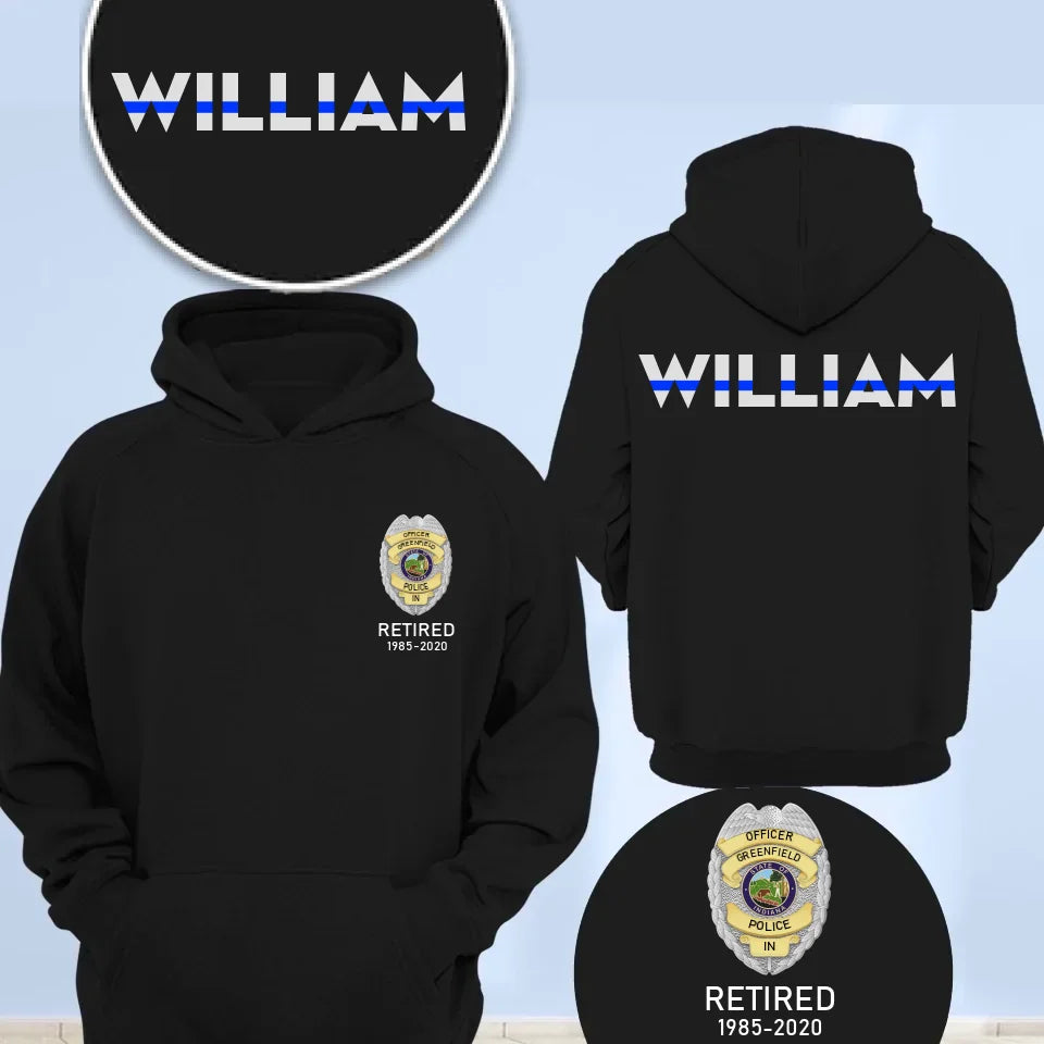 Personalized US Police Badge & Service Time Custom Name Blue Line Retired Police Officer T-shirt Printed