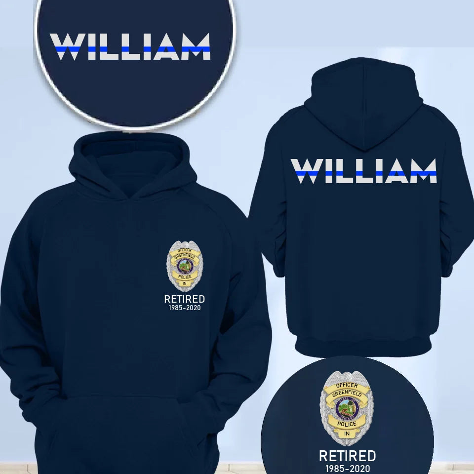 Personalized US Police Badge & Service Time Custom Name Blue Line Retired Police Officer T-shirt Printed