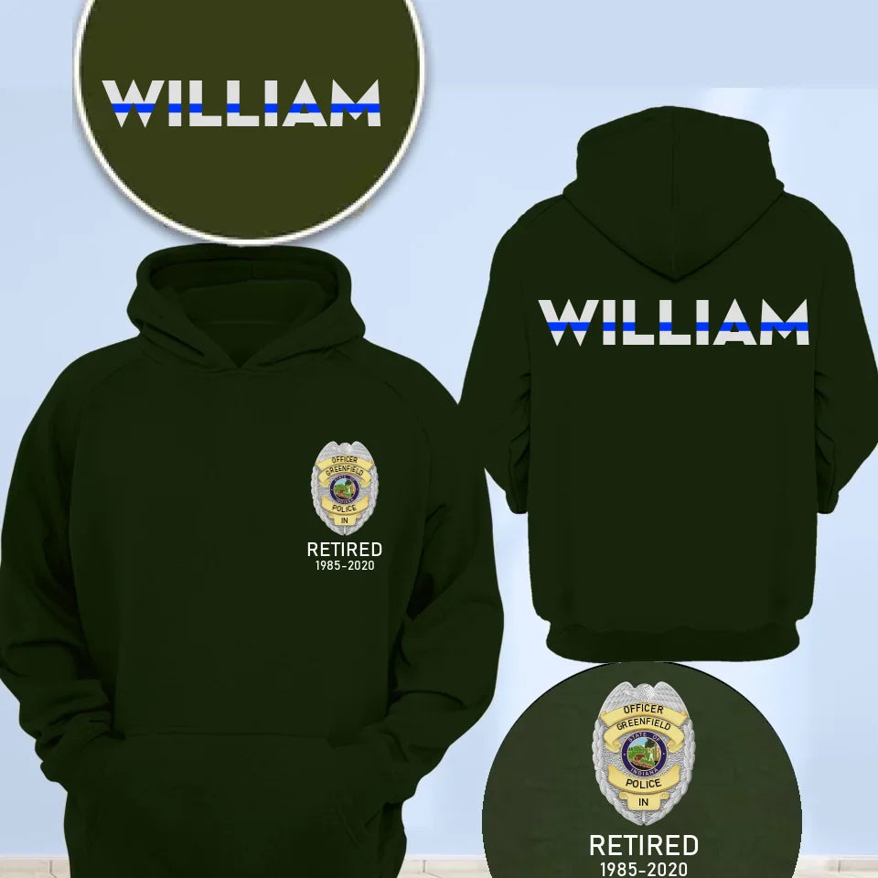 Personalized US Police Badge & Service Time Custom Name Blue Line Retired Police Officer T-shirt Printed