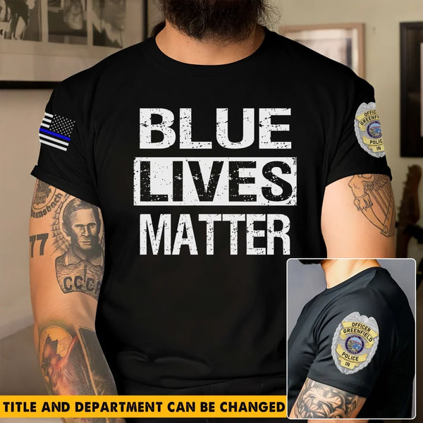 Personalized Blue Lives Matter US Police Badge US Flag Blue Line T-shirt Printed