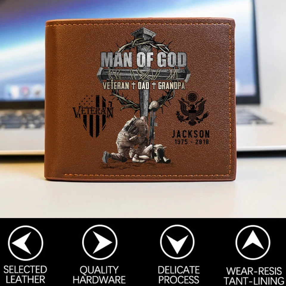 Man Of God Veteran Dad Papa Personalized Leather Wallet For Father's Day Veteran Grandpa