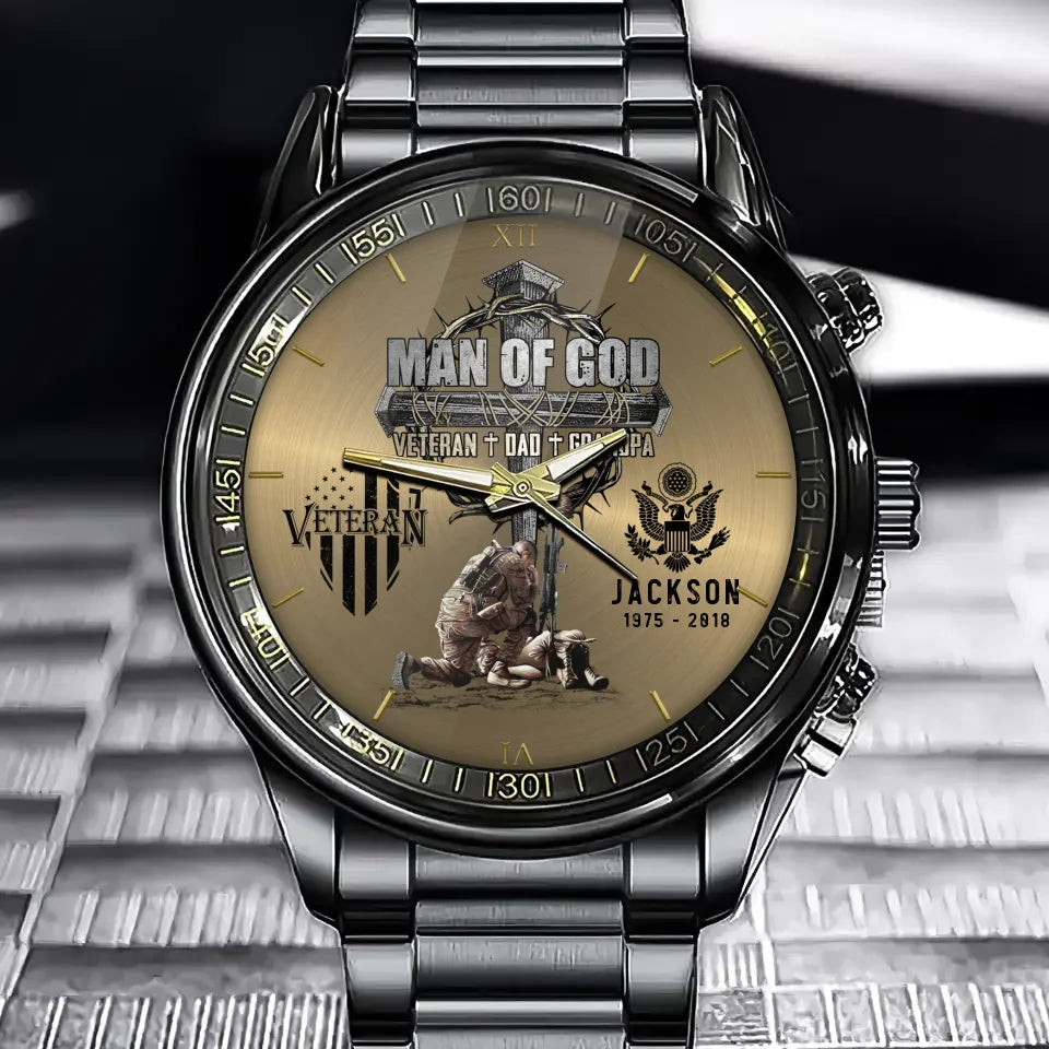 Man Of God Veteran Dad Papa Personalized Watch For Father's Day Veteran Grandpa