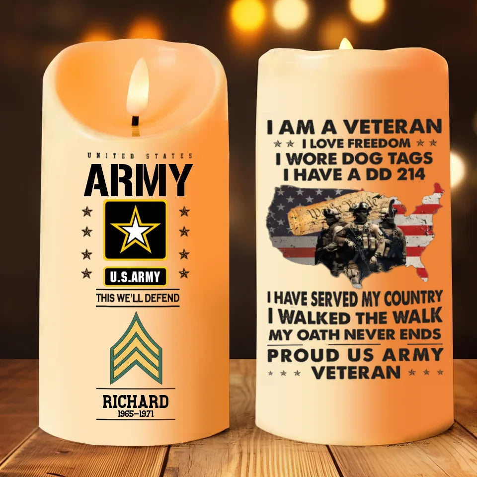 Personalized LED Candle For a Veteran - I Love Freedom - Choose Branch, Rank, Name, and Service Dates