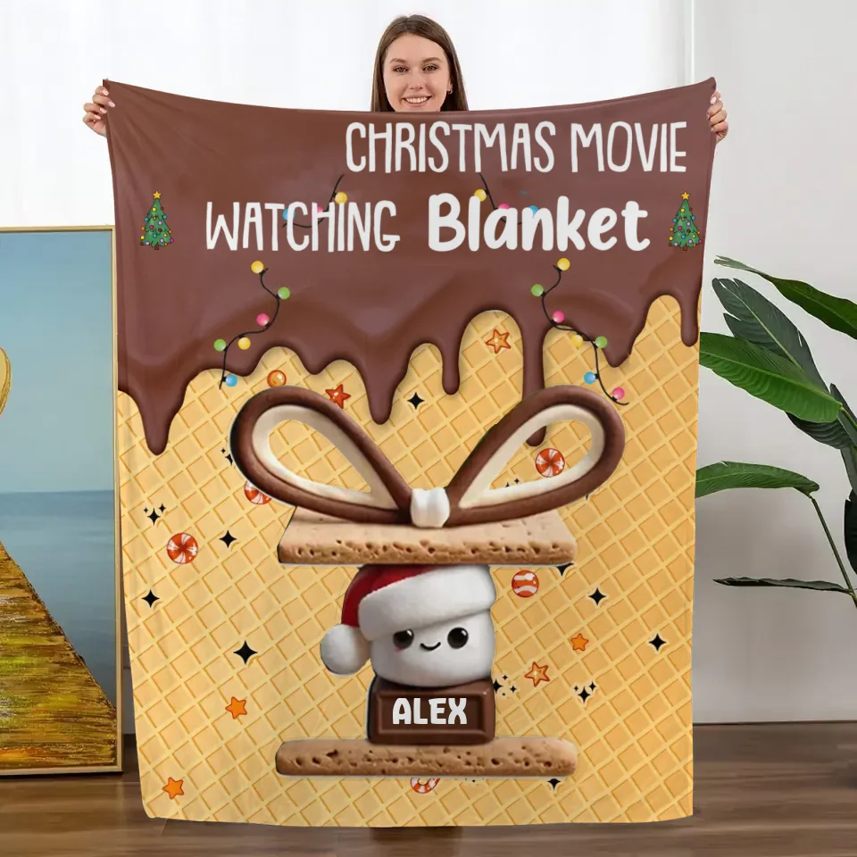 Personalized Christmas Movie Watching Blanket - Cozy Fleece Blanket with Custom Name - Ideal Gift for Holiday Movie Nights