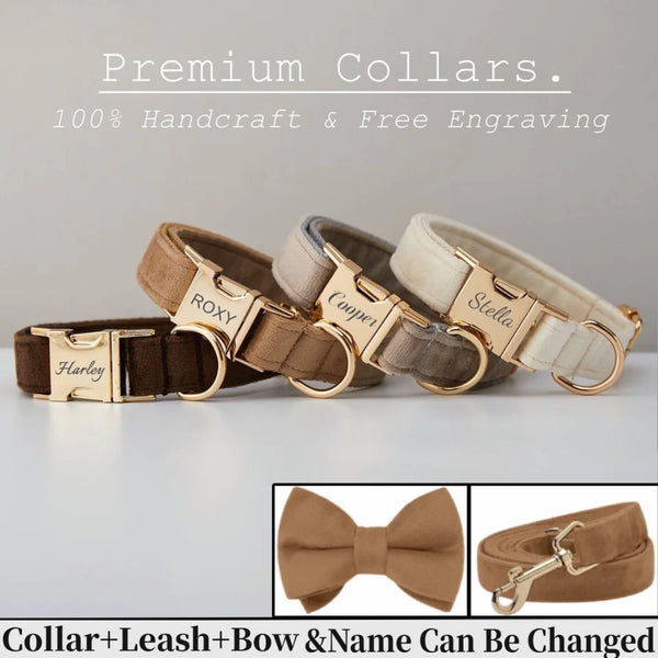 Personalized Velvet Dog Collar Leash Set with Bow,Engraved Pet Name Plate Metal Buckle,Wedding Puppy Gift