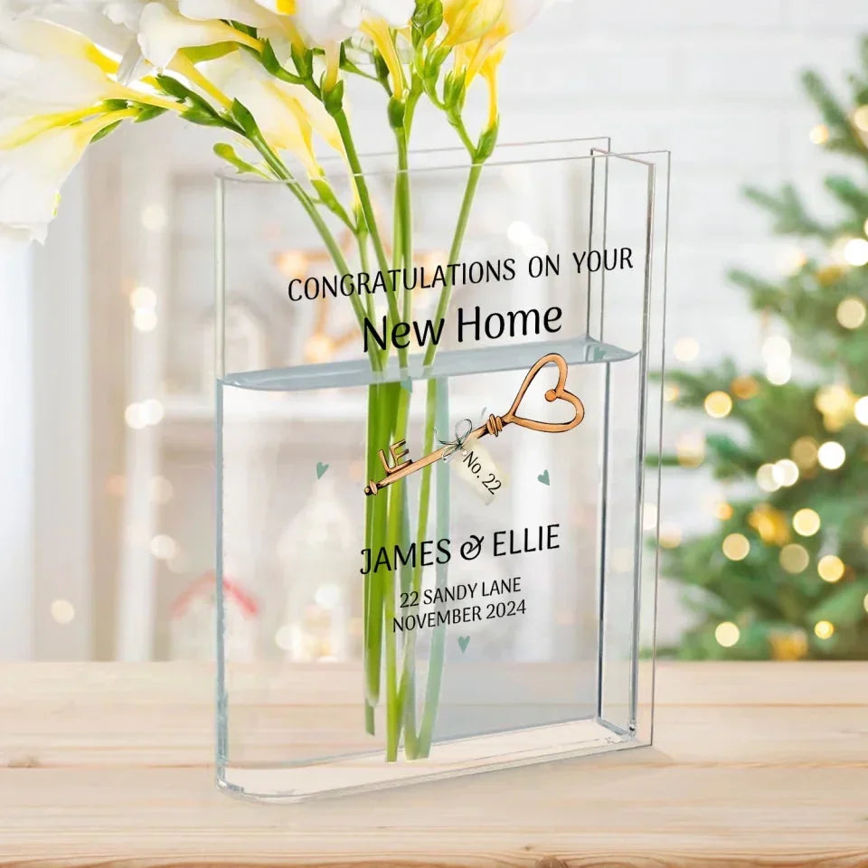 Congratulations on Your New Home - Housewarming Gift for Newly Married Couples - Personalized Acrylic Book Vase with Name - for New Homeowners