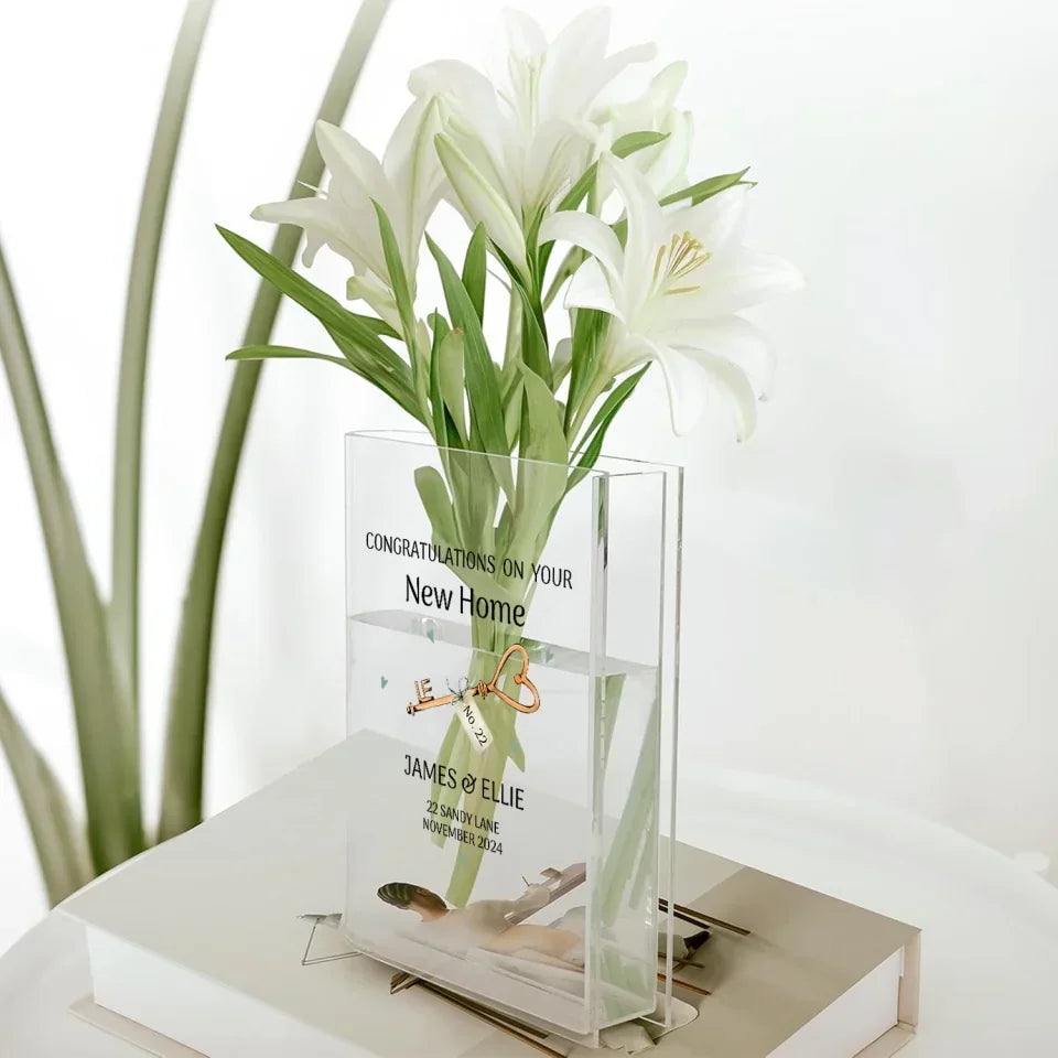 Congratulations on Your New Home - Housewarming Gift for Newly Married Couples - Personalized Acrylic Book Vase with Name - for New Homeowners