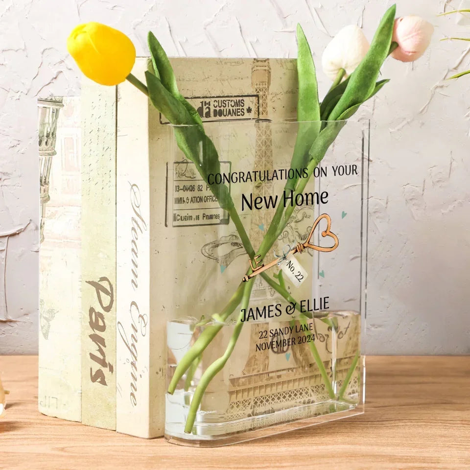 Congratulations on Your New Home - Housewarming Gift for Newly Married Couples - Personalized Acrylic Book Vase with Name - for New Homeowners