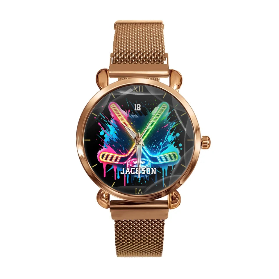 Personalised Neon Hockey Sports Design Cool Watch with Name Birthday Match Day Gift for Team Games Hockey Lovers