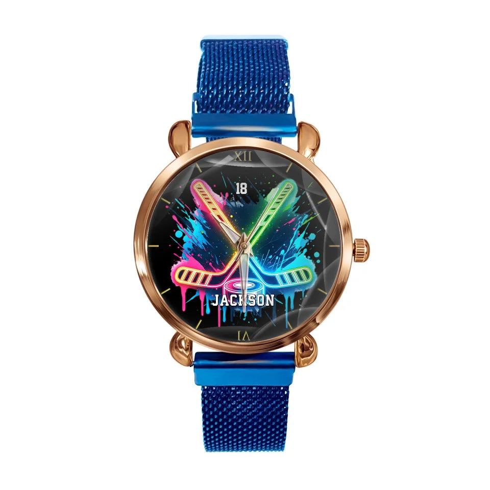 Personalised Neon Hockey Sports Design Cool Watch with Name Birthday Match Day Gift for Team Games Hockey Lovers