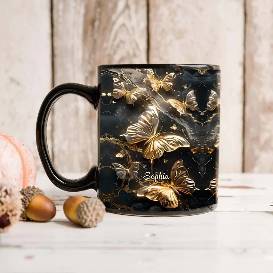 Gold And Silver Butterflies Personalized Name Mug Customizable Drinkware For Butterfly Lovers