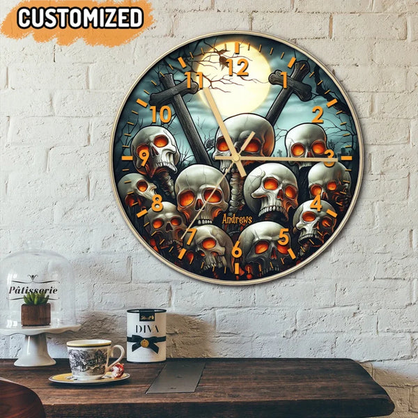 Personalized Skulls Printed Round Wooden Clock