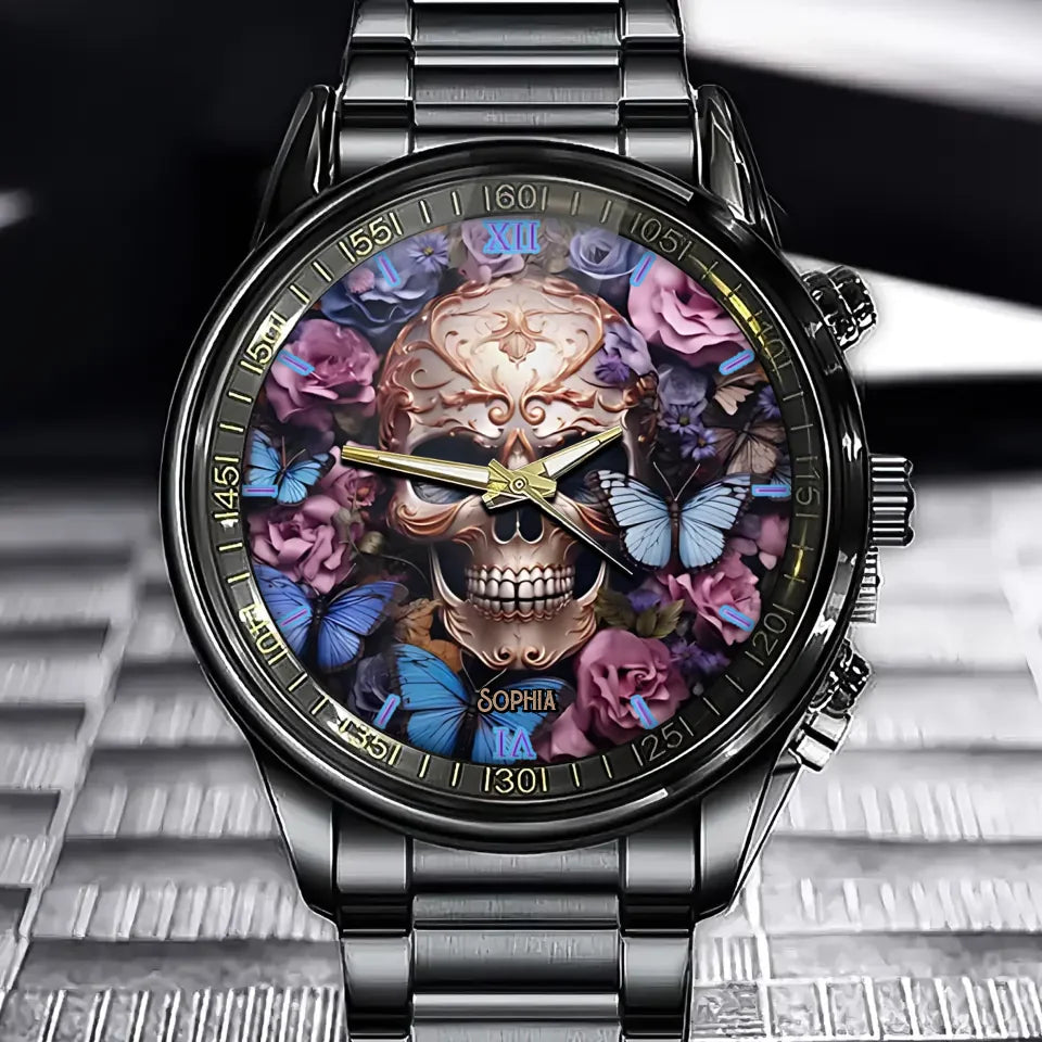 Beauty Of The Dark Skull Roses Butterflies Personalized Watch